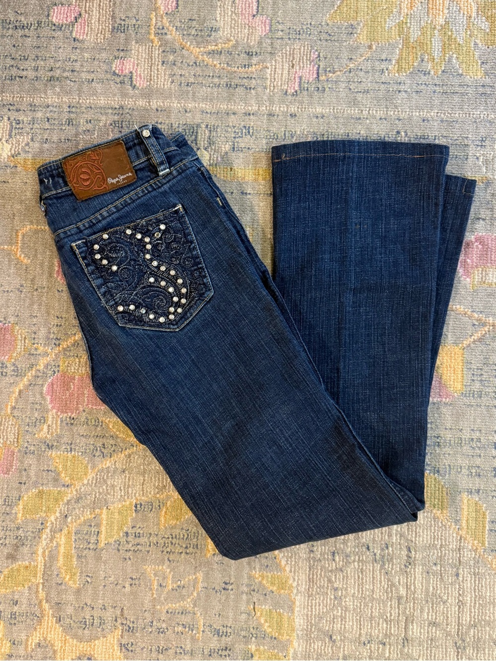 Vintage Pepe Jeans Dark Blue Women's Denim with Rhinestone Embellished Pockets